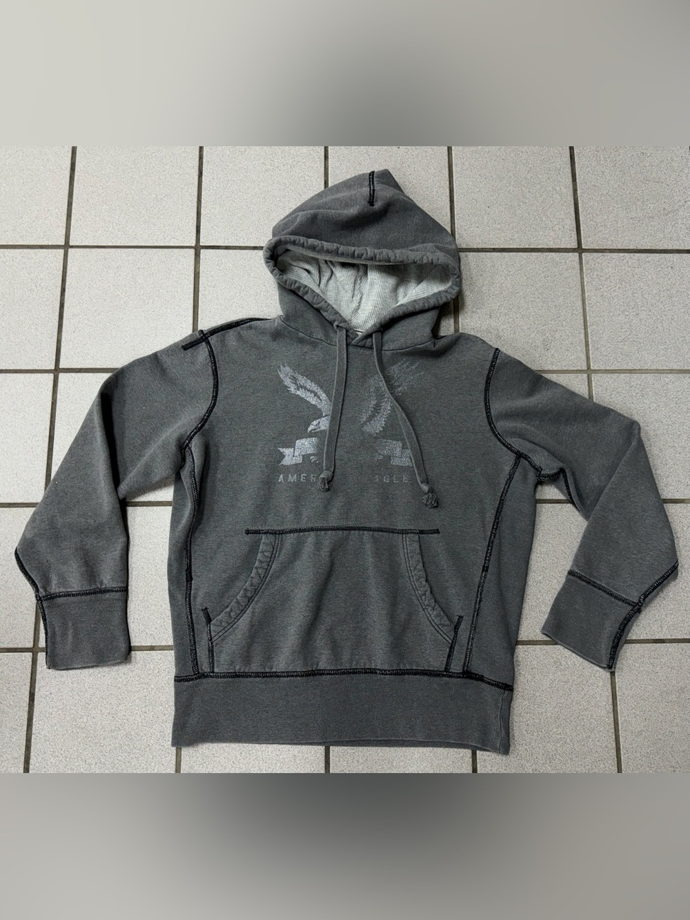American Eagle Gray Pullover Hoodie Small Classic Fit Eagle Logo Sweatshirt